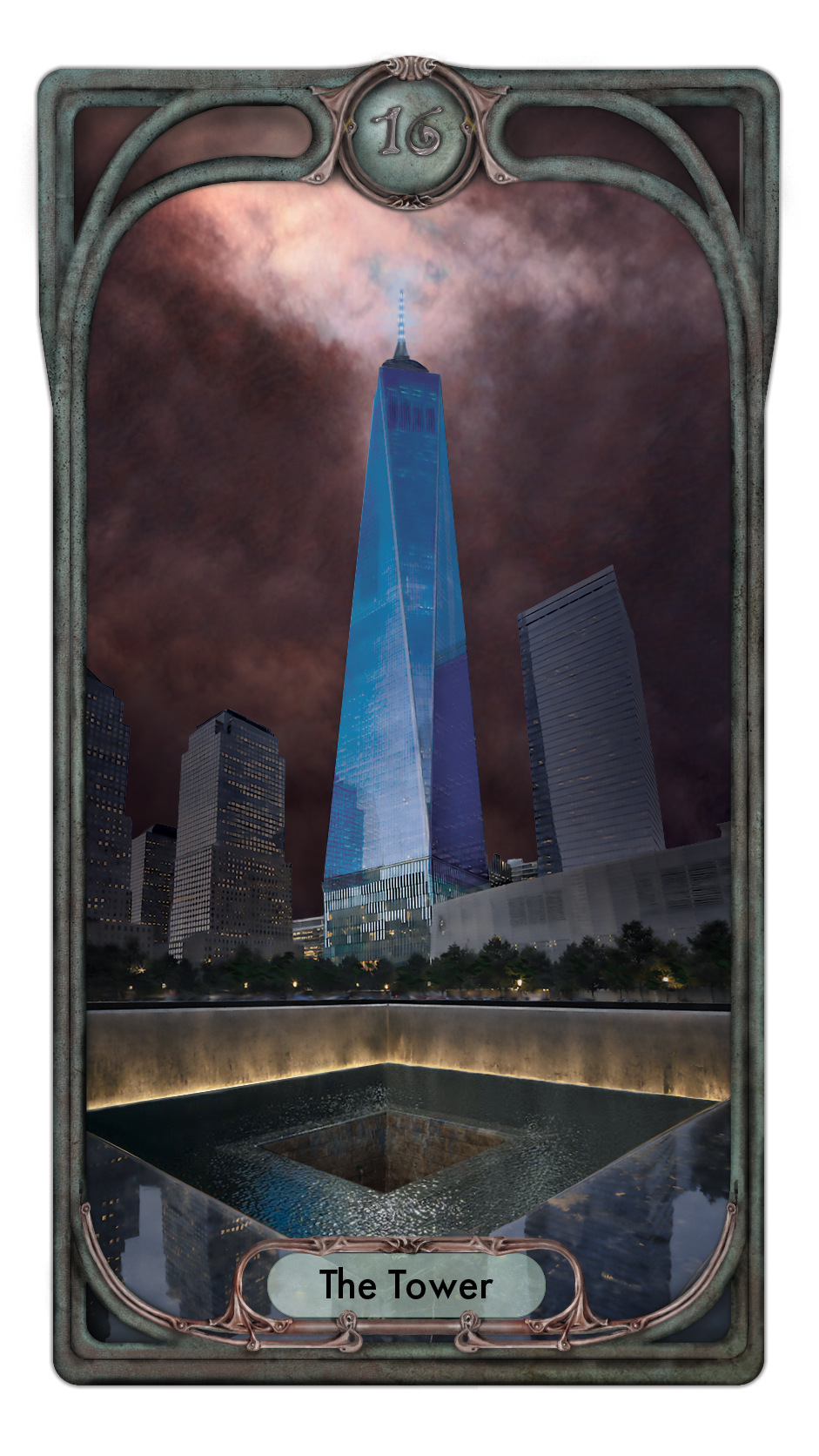 One World Trade Center and the North Pool painted as teh Tarot card "The Tower"