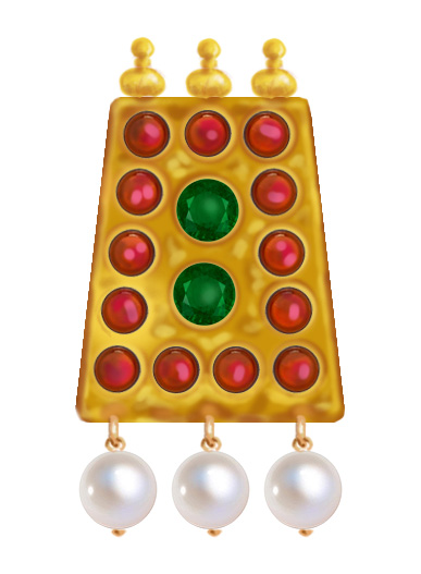 Section for a jeweled necklace with rubies, emeralds and pearls.