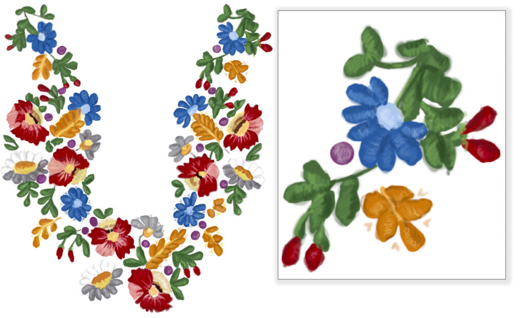 Flower embroidery for the front of the blouse in the card The Fool, with a closeup detail showing the painting strokes