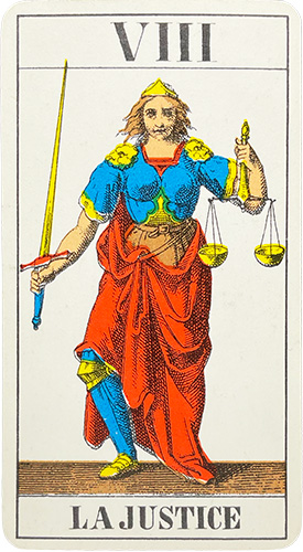 Justice Tarot card produced between 1831 and 1838 in Switzerland shows a standing figure clad in armor holding a balance scale in her left hand and an upright swod in her right.