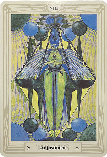 Justice card from the Aleister Crowley-Lady Frieda Harris Thoth Tarot deck from the mid 20th century showing a stylized figure with a balance scale over her head with the plates of the scale on each side of her, with a sword held point-down in front of her. This version of the card is called "Adjustment".