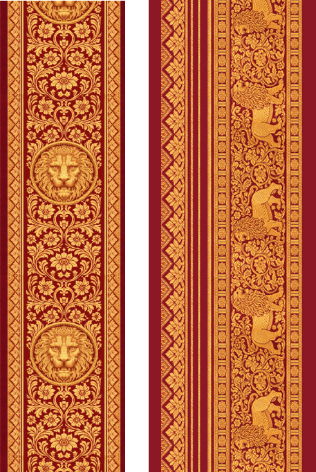 Two samples of composed trim repeating pattern of lions in red and gold