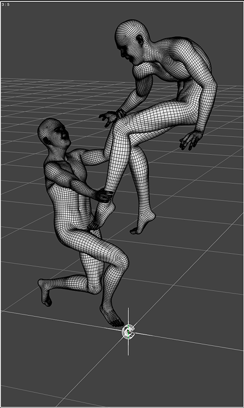 3-D wireframe showing two male figures, one being pulled downward by the other grasping his right hand and left ankle.