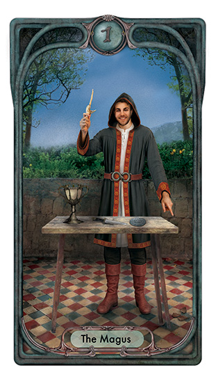 Magician figure in a hooded robe holding a wand aloft. Tarot symbols lie on the table in front of him