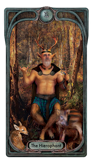 The Hierophant is depicted as the Druid god Cernunnos, seated in the woods with animals around him.