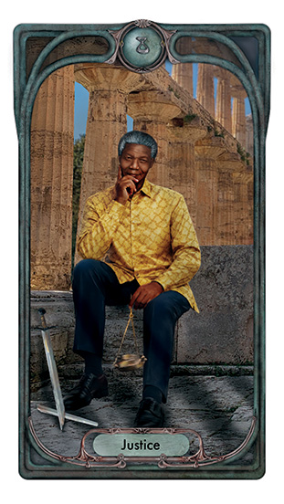 Tarot card for Justice, showing Nelson Mandela sitting on a stone wall in front of ancient ruins, a broken sword leaning against the wall onhis right, a balance scale pending from his lowered left hand.