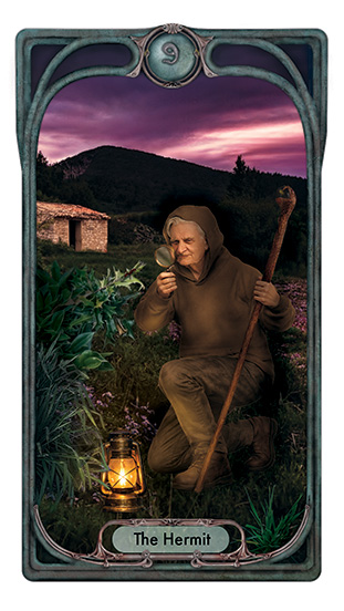The hermit inspects an ant on a leaf at night using a magnifying glass. His stone hut is in the background.