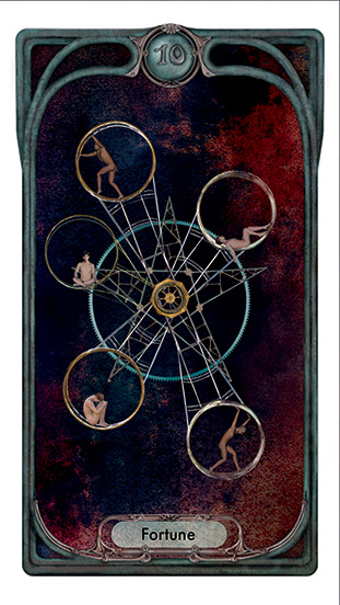Tarot card for Fortune showing 5 figures in a modified "Wheel of Death" attached to a structure composed of a pentacle with an ouroboros in its hub