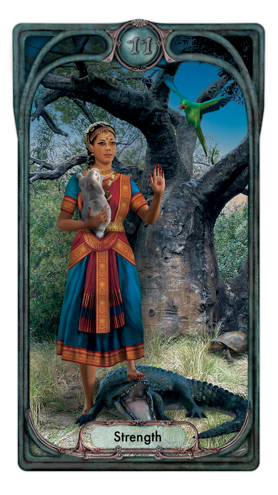 A woman dressed in a Bharatanatyam costume surrounded by exptic animals with her foot on the head of an alligator