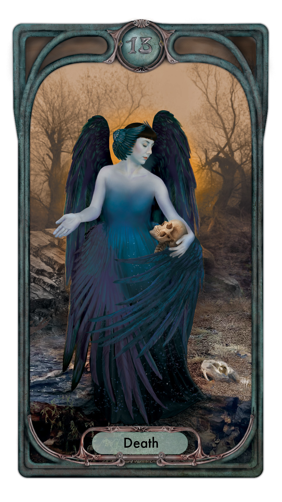 The Tarot card 'Death' depicting a seraph holding a skull in her folded wing.