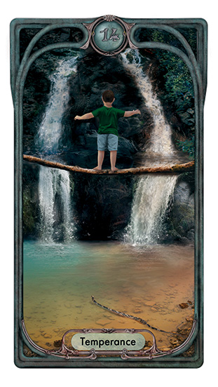 Tarot card for Temperane shows a young boy balanced on a log spanning two waterfalls that merge in a pool.