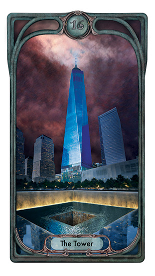 The tower depicts One World Trade Center and the north pool at night against a turbulent sky.