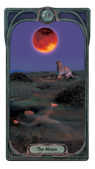 Tarot card for the moon shows a full Blood Moon in eclipse illuminating a scene wherein a gray cat steps on the neck of a snake, restraining it, while a dark-haired woman floats int the nearby water on which the moonlight reflects.