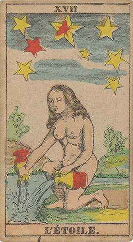 Tarot card for The Star showing a nude woman pouring water from two vessels into a river, with rudimentary stars overhead.