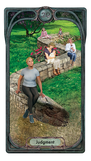 The tarot card Judgement features 5 images of the artist at different stages of her life, from toddler to girl to teenager to mother to senior adult, progressing from the background to the foreground. The figures are seated on a serpentine stone wall that terminates in stone in a shape that resemble sthe head of a snake. The seasons change with the progression of age, from spring to late fall, as evidenced by the background.