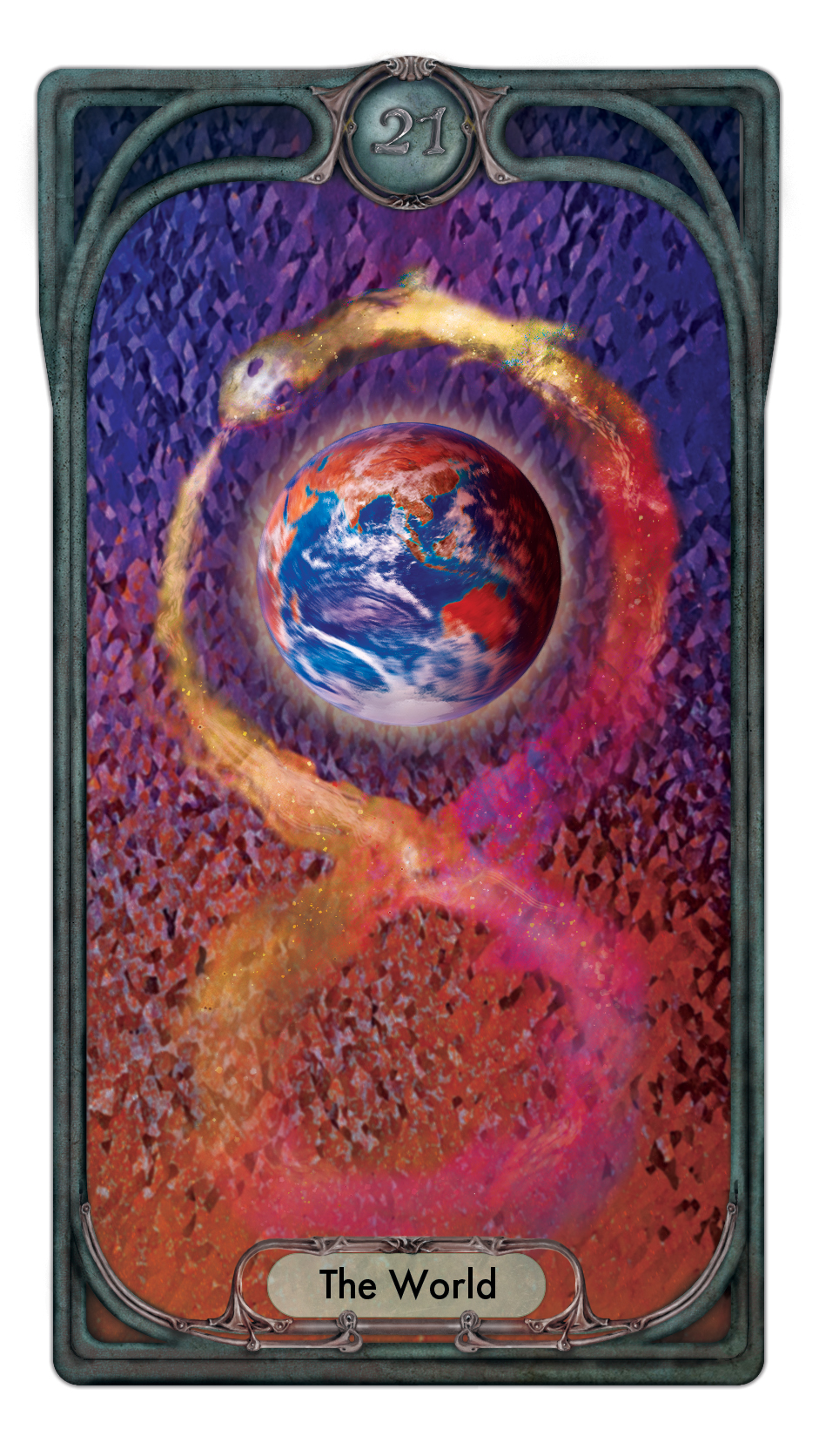 The Tarot card for the world depicts a highly color-saturated earth enclosed in the upper loop of a fiery ouroboros infinity loop against a painterly, abstract field.