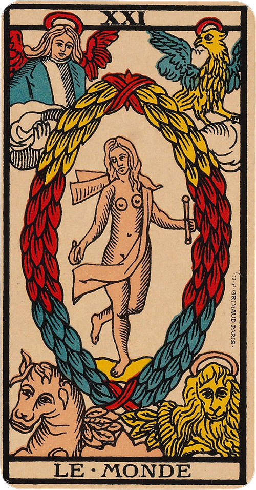 Traditional Tarot card of "The World", labeled "Le Monde" from the Tarot of Marseilles. It depicts a dancing woman framed by an oval laurel wreath and symbols for the Zodiac in each of the four corners.