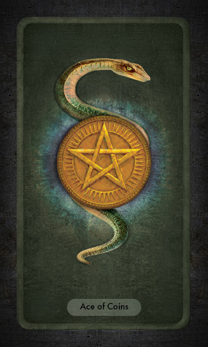 The Ace of Coins shows a large golden coin with a star on it. A green and gold snake curves behind it in a burst of galactic light.