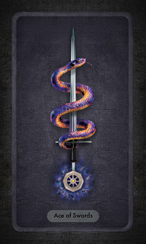 The Ace of Swords is a silver sword pointing upward, with a purple and gold snake coiling up it. The base of the sword's handle is decorated with a dharmachakra bursting with purple light.
