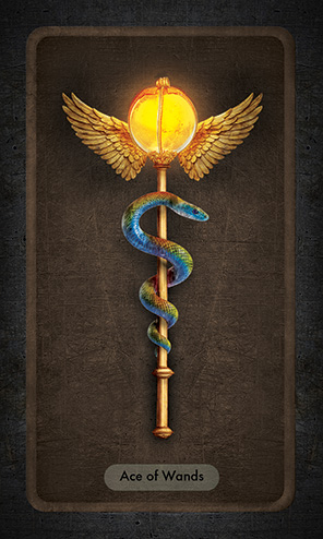 The Ace of Wands shows a golden staff with a blue snake coiled around it. The top of the staff is decorated with a pair of wings and a golden, glowing orb.