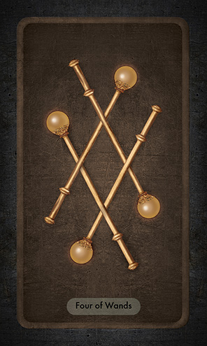 The Four of Wands shows four crossed golden staffs topped with golden, slightly glowing balls.