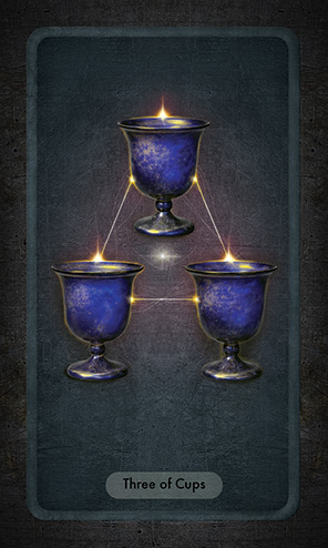 The Three of Cups shows three cobalt blue goblets connected with an energetic triangle