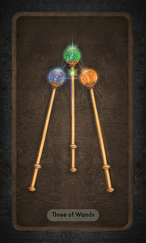 The Three of Wands shows three staffs with glowing orbs at the top, slightly pointing at each other in a triangular formation.