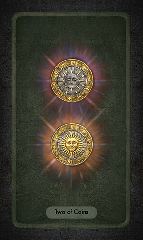 The Two of Coins has two coins, both with an outer rim of gold metal and an inner disk of silver metal. The top coin depicts the moon; the lower coin the sun. Both are set above a starburst of color.