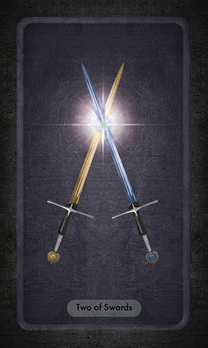 The Two of Swords shows two crossed swords, one with a sun symbol on the end of its hilt and a golden blade, the other with a moon symbol and a blue blade. The swords cross at a 30-degree angle and a burst of light emits from their crossing point.