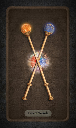 The Two of Wands card depicts two brass staffs with an orange and a blue ball at the top crassed in the center with a burst of light emitting where they meet.