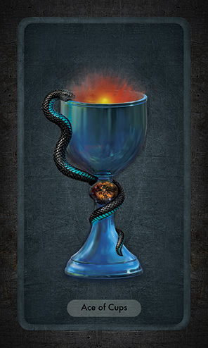 The Ace of Cups depicts a goblet in antique cobalt glass with a snake wrapped around its stem and its head just over the rim. A firey glow bursts from the cup.