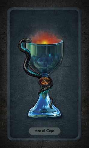 The Ace of Cups depicts a goblet in antique cobalt glass with a snake wrapped around its stem and its head just over the rim. A firey glow bursts from the cup.