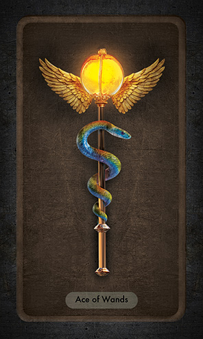 The Ace of Wands shows a snake wrapped around the shaft of a gold brass with a glowing orb and golden wings at the top.