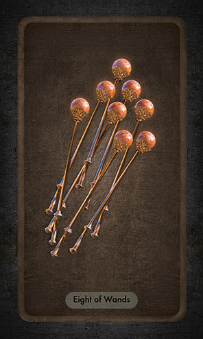 The Eight of Wands shows wands with orange orbs atop them thrusting diagonally across the card face from bottom left to top right, implying energy.