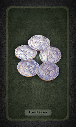 The Five of Coins has five silver coins overlapping each other. Each coin has a pentacle on it.
