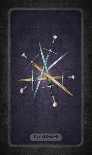 The five of Swords shows five swords with blades of yellow, blue, and green crossing in a random tight pattern.