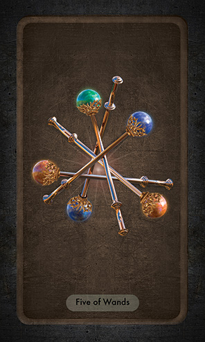 The Five of Wands shows two orange, two blue and one green-topped rods crossing each other chaotically.