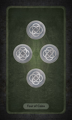 The Four of Coins shows four silver coins in a diamond arrangement connected by subtle glowing lines. Each coin has a 4-looped Celtic knot on its face.
