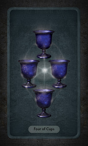 The Four of Cups shows four cobalt glass goblets arranged in a diamond shape with a glow of energy connecting them in the center.