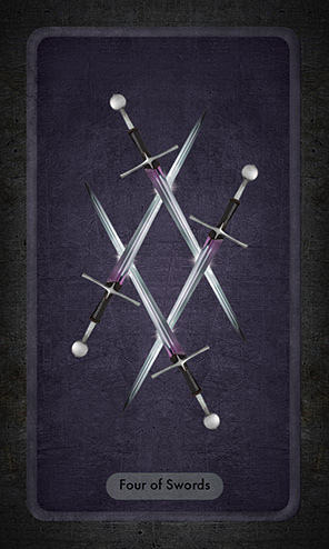 The Four of Swords shows four crossed swords in a pattern that makes a diamond in the center.