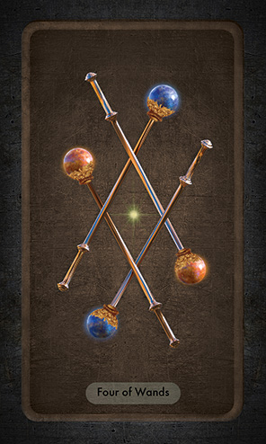 The Four of Wands shows two orange and two blue-topped wands crossing each other in an alternating pattern leaving a diamond shape in the middle.