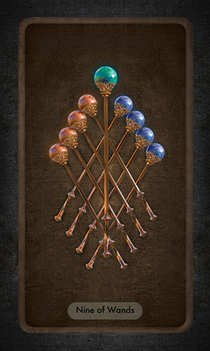 The Nine of Wands shows four orange-topped and four blue-topped wands in an orderly corssing pattern. A larger wand with a green orb on it stands upright between them.