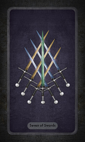 The Seven of Swords has three blue and three gold swords crossing each other in a diagonal pattern. A single, slightly larger green sword is placed over their vertical center, tip pointing upward.