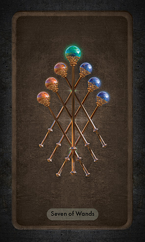 The Seven of Wands shows three orange and three blue-topped rods crossed in a lattice pattern with a larger green-topped vertical rod in their center.