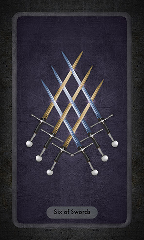 The Six of Swords shows three gold and three blue swords crossed in a diagonal pattern.