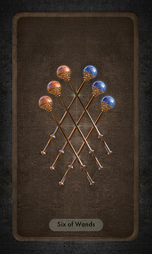 The Six of Wands shows three orange and three blue-topped rods crossing in a lattice pattern