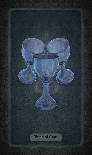 The Three of Cups shows three cups tipped toward each other so the lips touch. Subtle energy radiates from the base of their union.