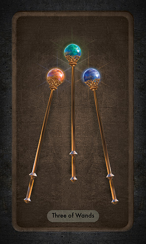 The Three of Wands shows one orange and one blue-topped wands pointing to a third green-topped wand standing vertically between them.