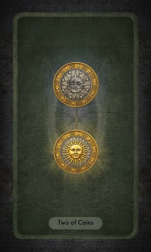 The Two of Coins has two coins, both with an outer rim of gold metal and an inner disk of silver metal. The top coin depicts the moon; the lower coin the sun. Both are connected with an energy field.