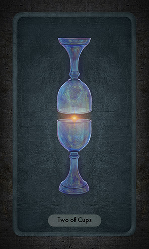 The Two of Cups shows two blue cups, one upside down above the other. A burst of energy appears between them.
